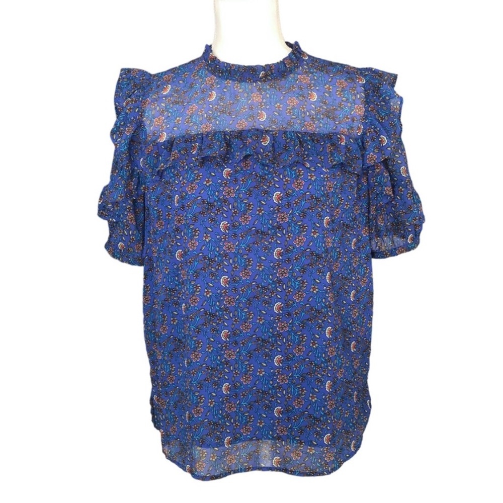 LOFT Blue Floral Mock Neck Ruffled Short Sleeve Blouse Size M - Picture 3 of 8